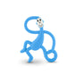 Blue monkey teething toy with smiling face and ring handles.