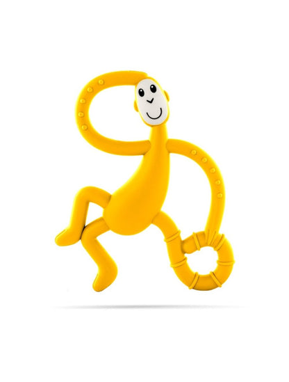 Gold monkey teething toy with smiling face and ring handles.