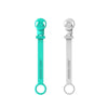 Double soother clip set with teal and light gray animal-face clips