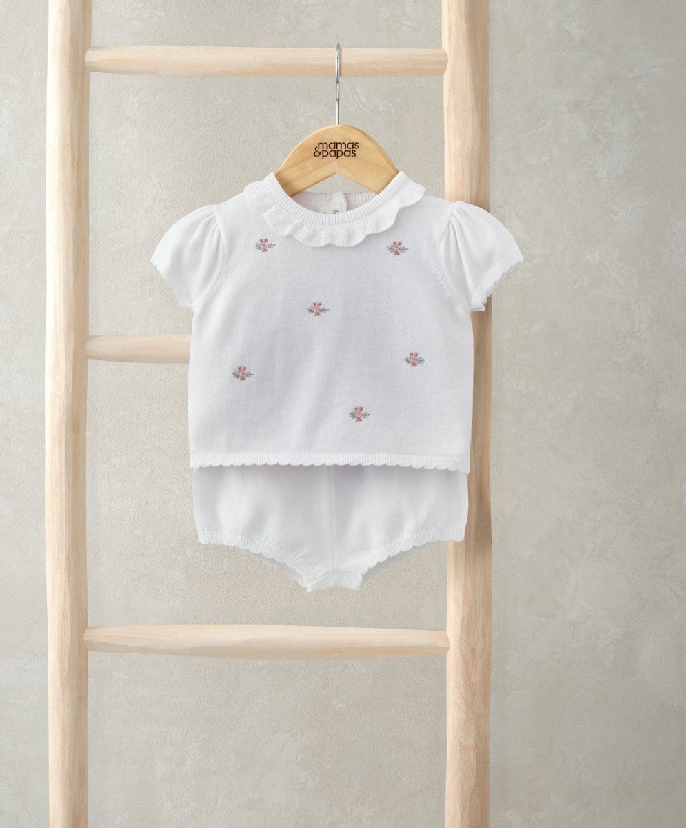 Embroidered Knit Top & Shorts Set (2 Pieces) - White | Set | Mamas & Papas for Mamas & Papas LB - 6hr