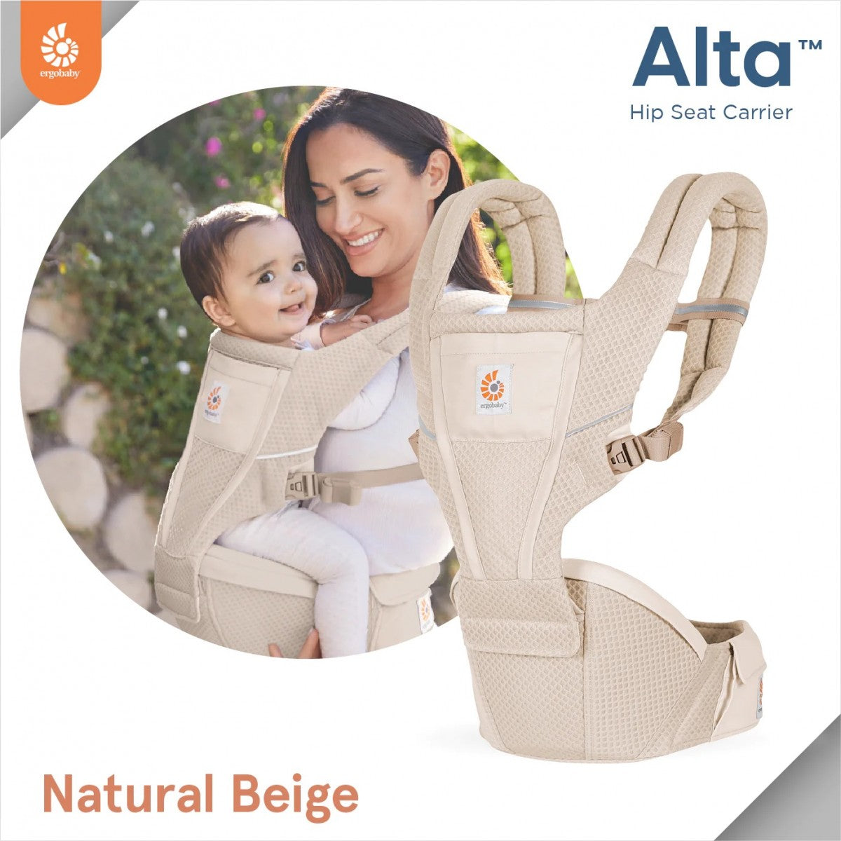 Beige hip seat baby carrier worn with padded shoulder straps and front panel