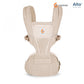 Beige hip seat baby carrier, front view with center logo patch and shoulder straps