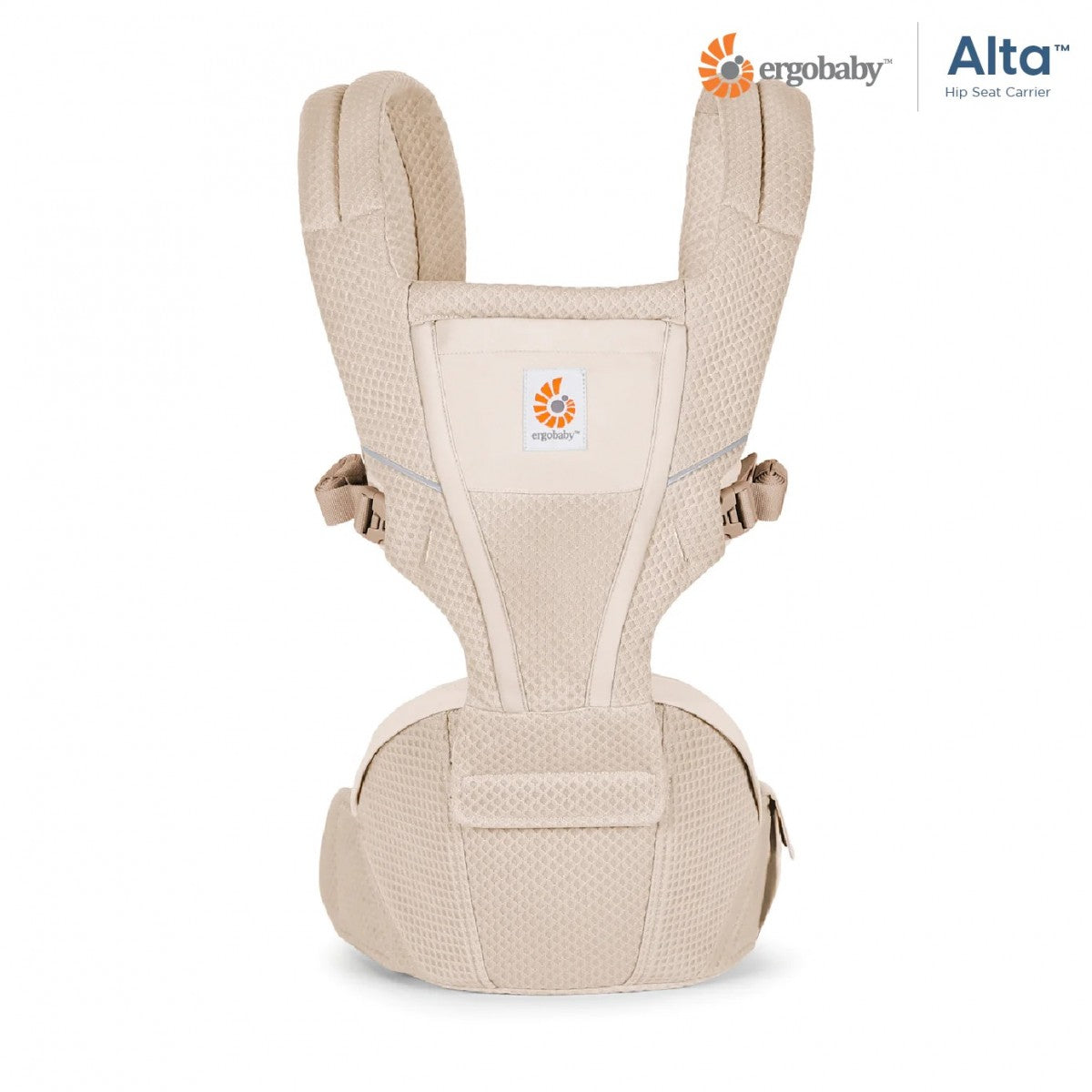 Beige hip seat baby carrier, front view with center logo patch and shoulder straps