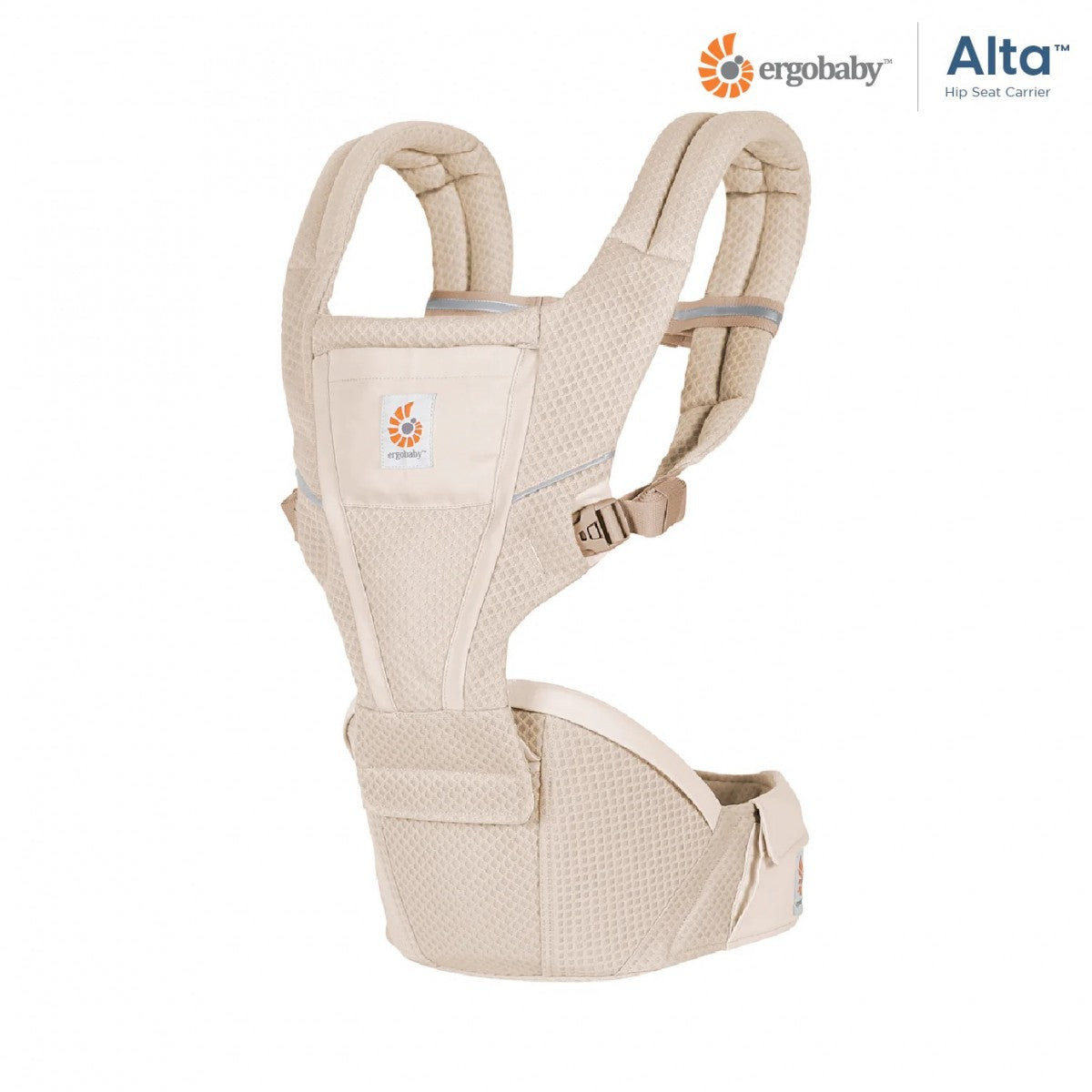 Beige hip seat baby carrier with padded straps and front storage pocket
