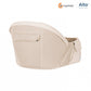 Beige hip seat baby carrier, side view with curved waistband and buckles