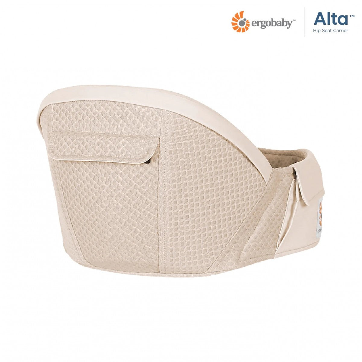 Beige hip seat baby carrier, side view with curved waistband and buckles