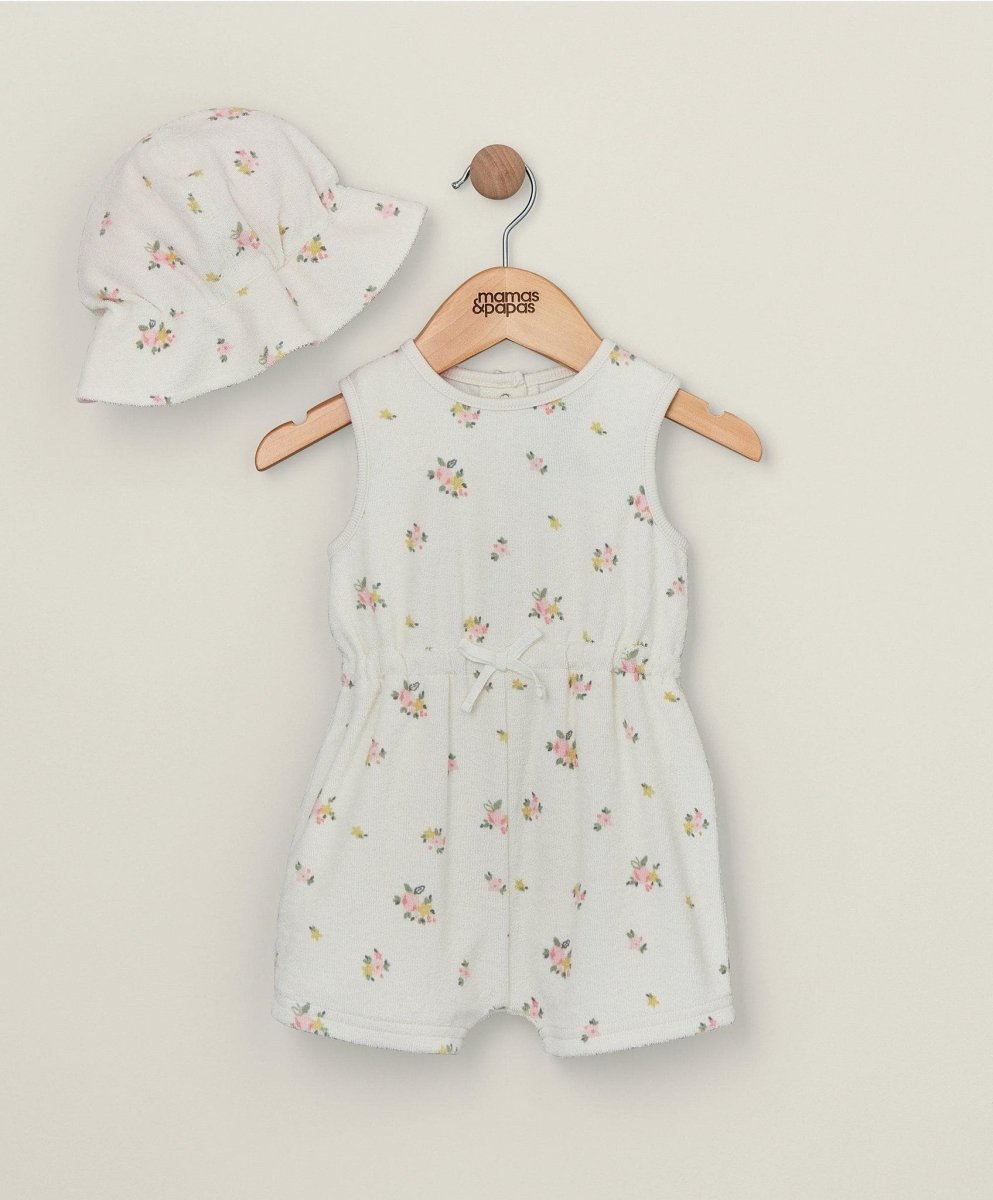 Floral Towelling Romper & Hat Outfit Set | Romper | Mamas & Papas for Mamas & Papas LB - 6hr