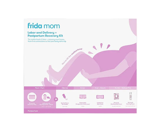Postpartum recovery kit box front with Frida Mom logo, text, and purple silhouette artwork