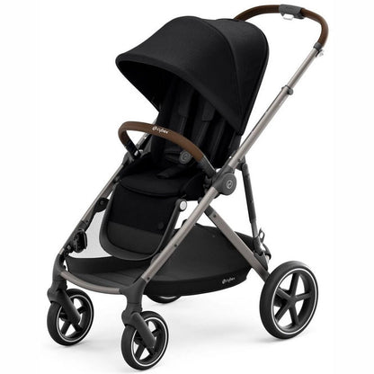 Black stroller with padded seat, hood, and five-point harness, front swivel wheels