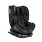 Black child car seat with headrest, harness, and rotating base, angled side view