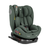 Olive child car seat with harness and headrest, angled rear view