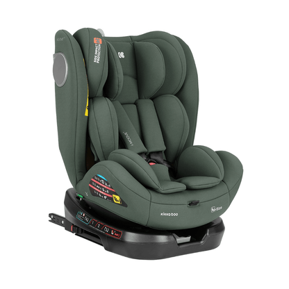 Olive child car seat with harness and headrest, angled rear view