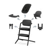 4-in-1 high chair in black with removable parts shown for converting