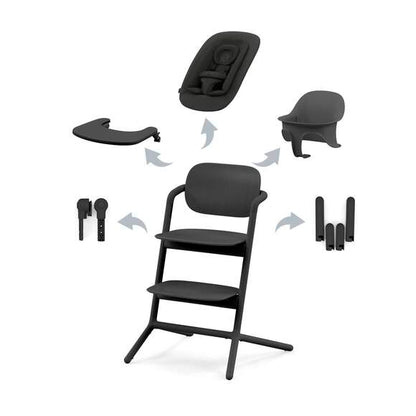 4-in-1 high chair in black with removable parts shown for converting