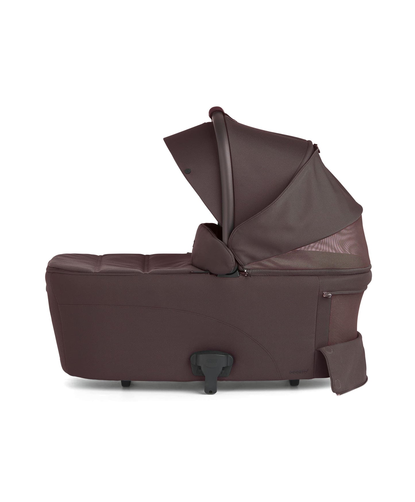 Ocarro 2 carrycot in dark brown with open hood and side fabric pocket