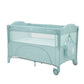 Baby cot with two levels in light blue, see-through side panels and caster wheels