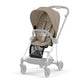 Beige stroller seat pack with padded harness and canopy, front view