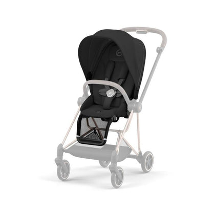 Black stroller seat pack with padded harness and canopy, side view