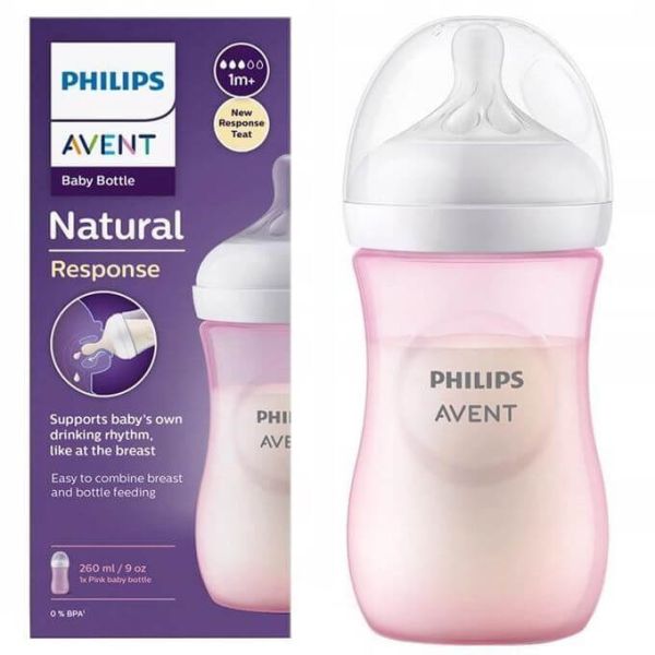 Natural Response Baby Bottle, 1m+, 260ml (Pink) | Bottle Teat | Avent for Mamas & Papas LB - 6hr