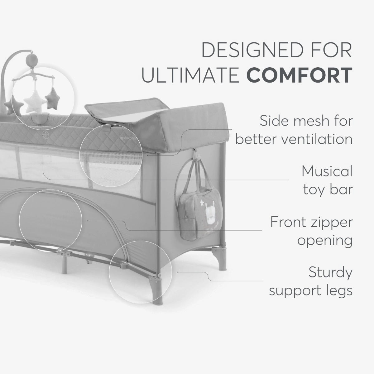 Nighty Night Grey Baby Cot Two Levels | Cot | KikkaBoo for Mamas & Papas LB - Bassinets & Travel Cots