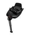 Black rotating car seat base with control pod, locking arms, and support legs