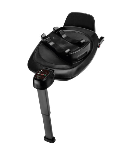 Black rotating car seat base with control pod, locking arms, and support legs