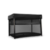 Black baby playard with mesh panels and fabric canopy, front view