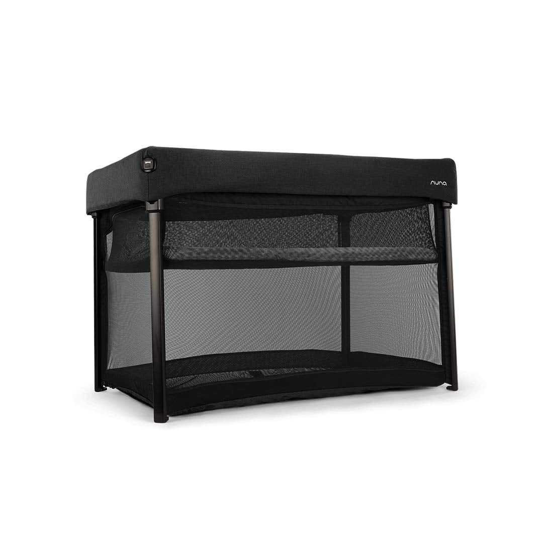Black baby playard with mesh panels and fabric canopy, front view