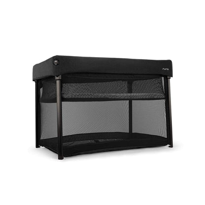 Black baby playard with mesh panels and fabric canopy, front view