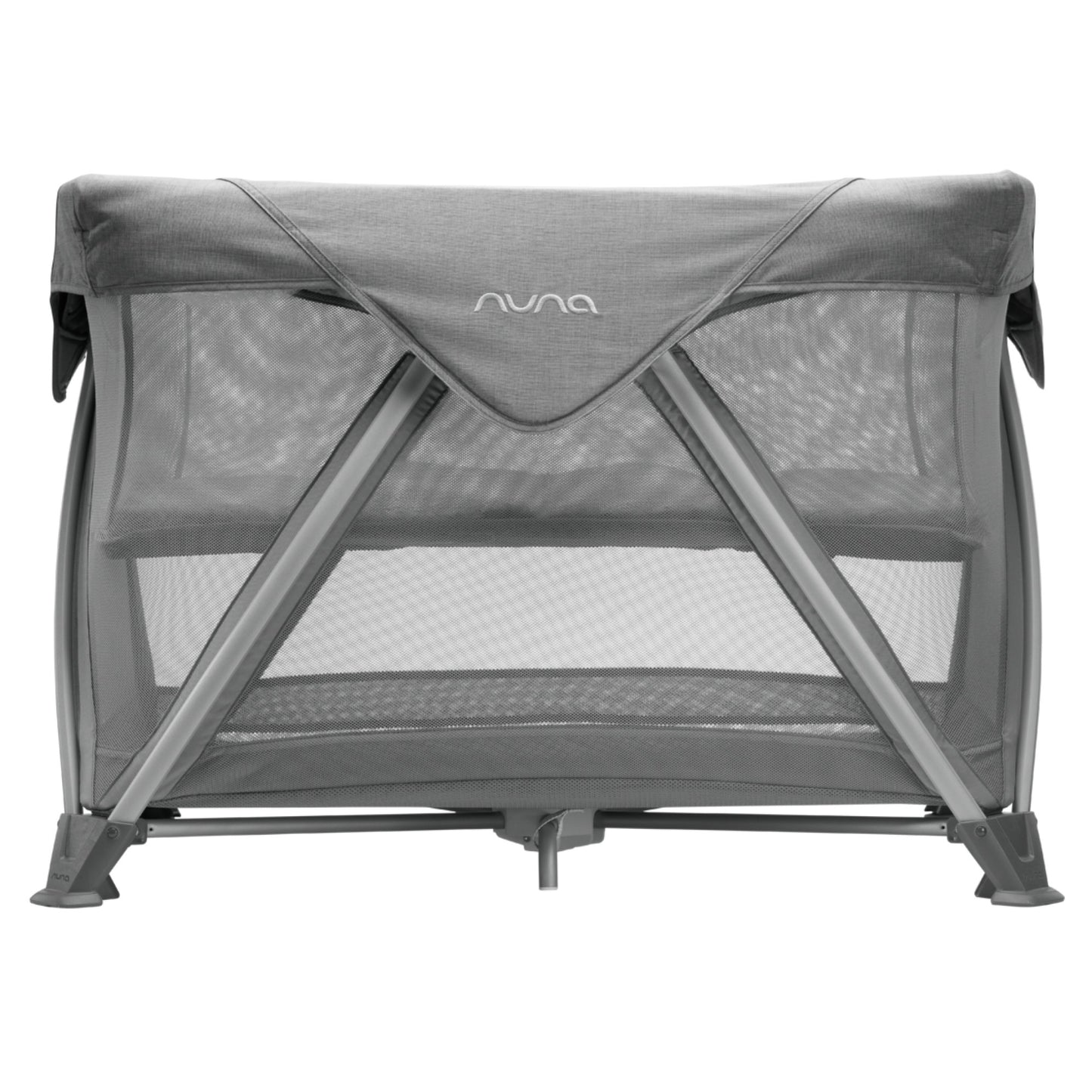 Grey bassinet with removable canopy and see-through mesh panels, front view