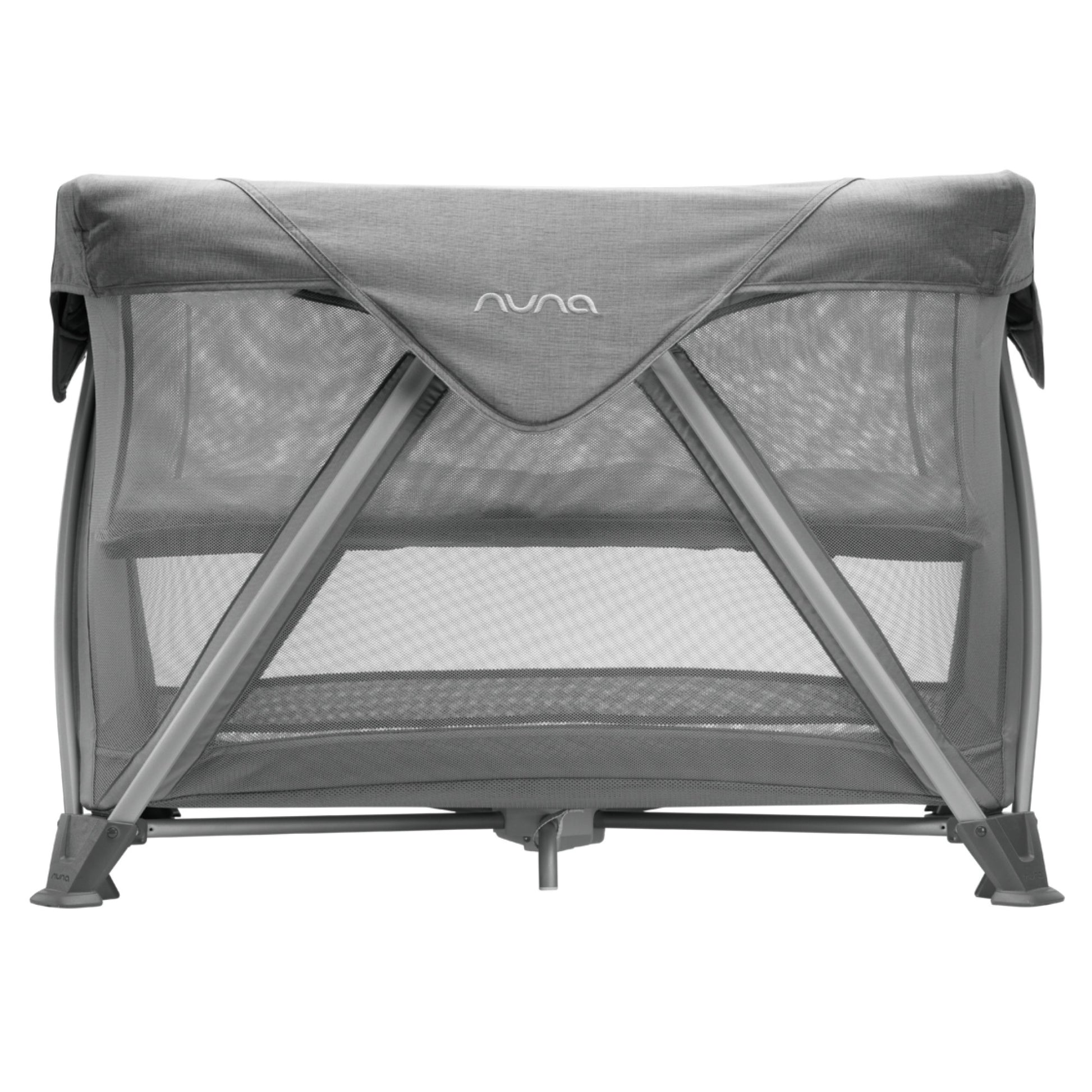 Grey bassinet with removable canopy and see-through mesh panels, front view