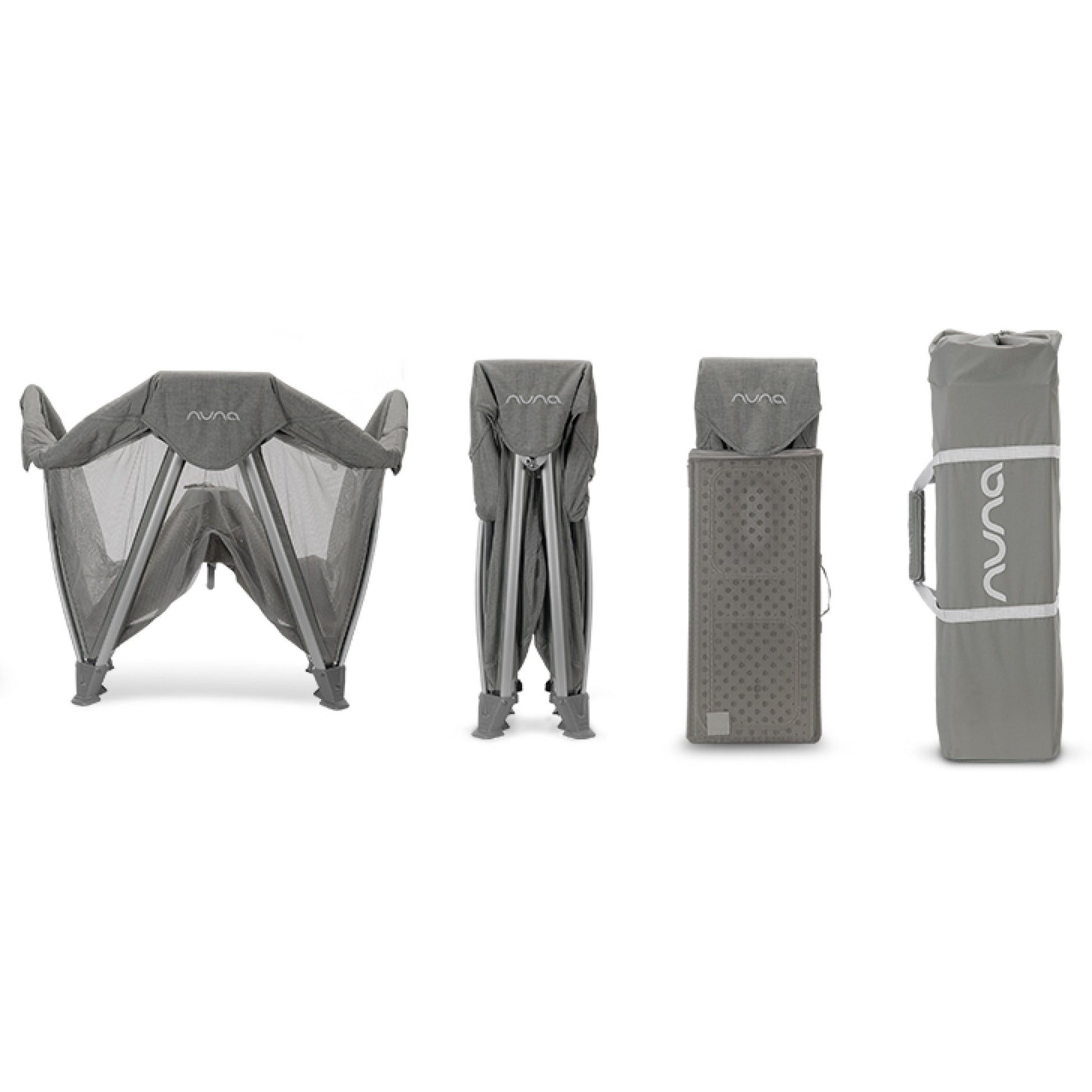Grey bassinet set with canopy and storage bag, shown with folded components