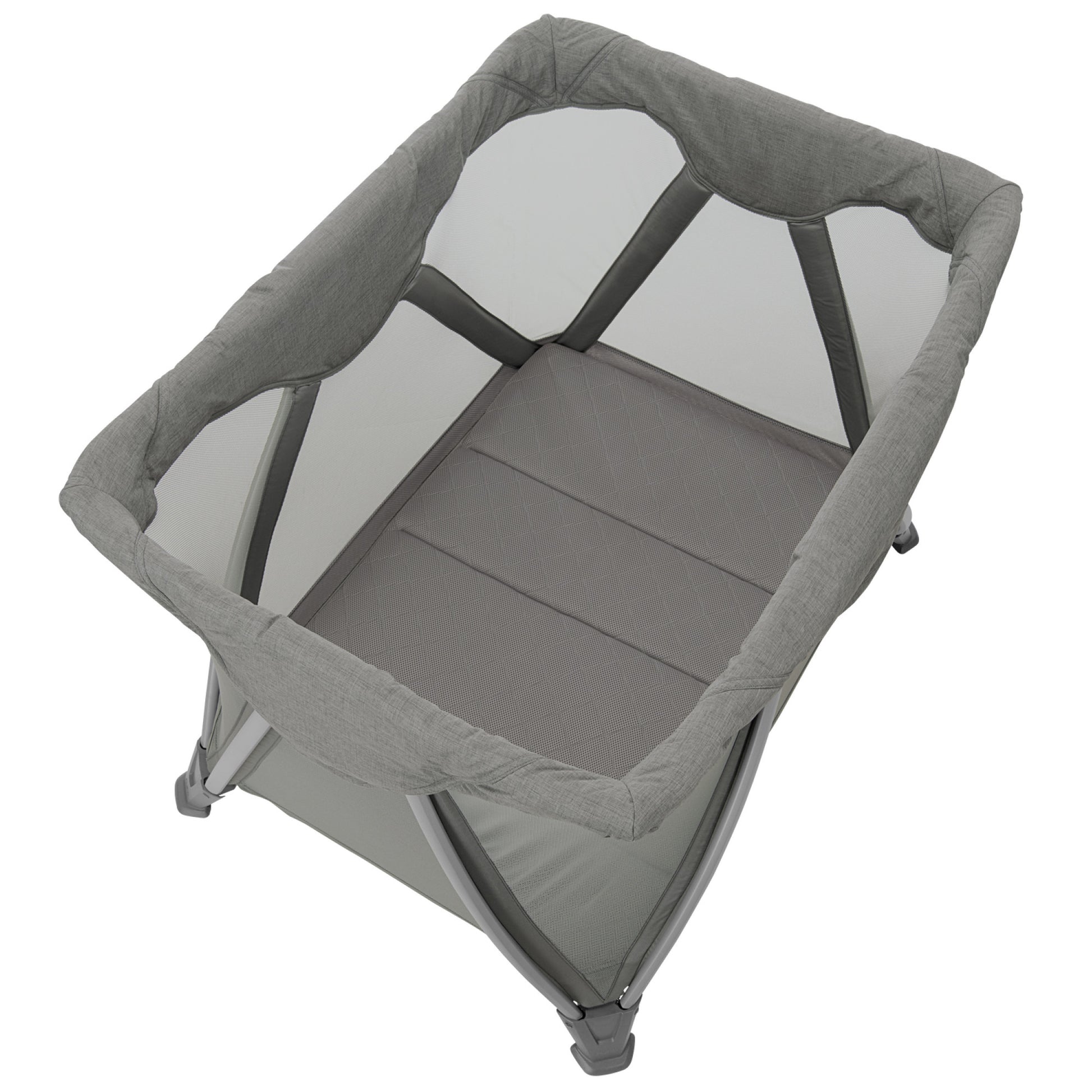 Grey bassinet with open mesh sides and curved padded frame, folding base