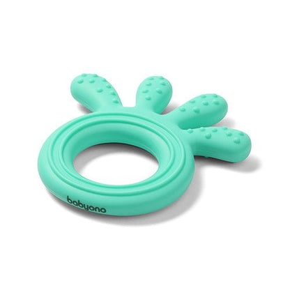 Silicone teether ring with four prongs, mint green silicone with textured nubs