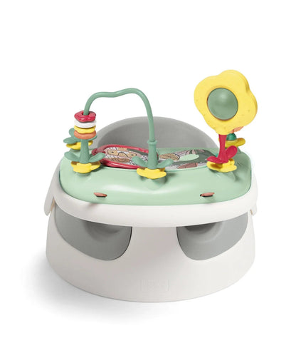 Baby floor seat with activity tray, mint top and light gray base, yellow mirror toy