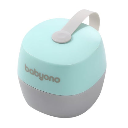 Light blue soother case with carrying handle and babyono logo on front, compact lid style.