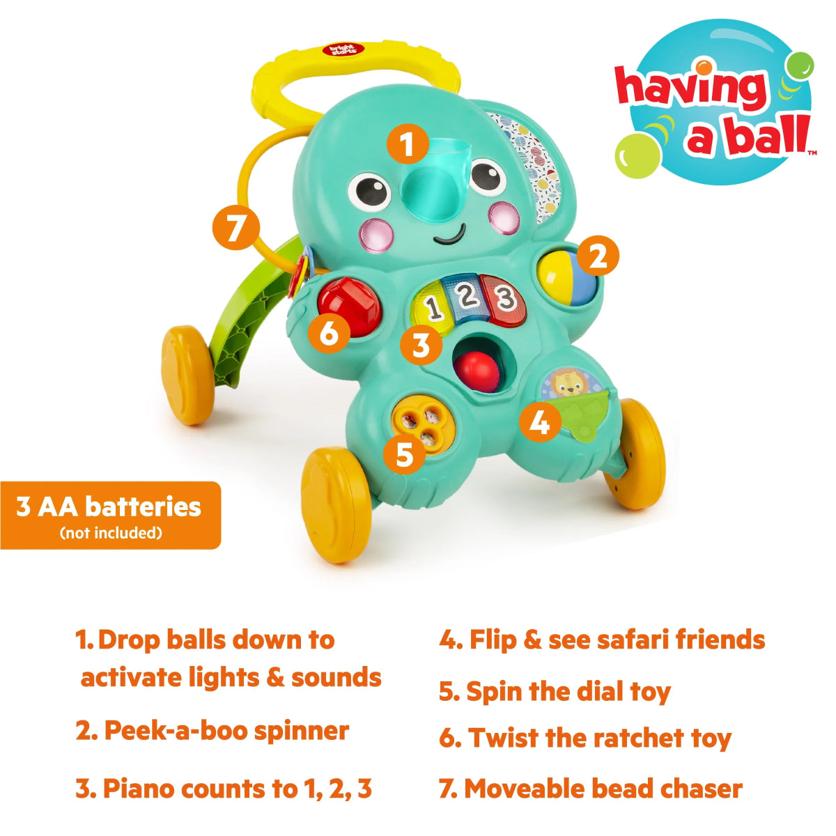 Stroll 'n Roll 2 - in - 1 Ball Play Walker - Elephant | Walker | Bright Starts for Mamas & Papas LB - Activity & Sensory Toys