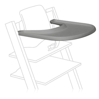 Storm grey plastic high chair tray mounted on a high chair frame