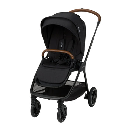 Black stroller with brown handle and canopy, padded seat and dual front wheels visible