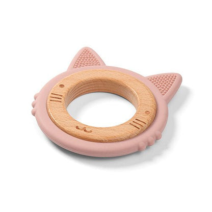 Wood and silicone baby teether ring in pink with textured ear-like silicone grips