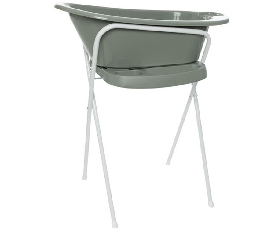 Breeze green baby bath tub on white metal stand with round base and legs