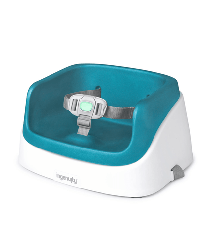 Teal booster seat with grey 5-point harness, molded base with white sides